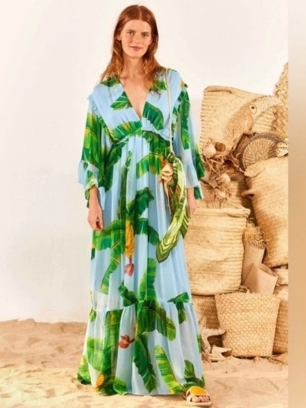FARM Rio Light Blue Maxi Dress with Green Tropical Leaf Print